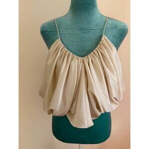 Zara Champagne Satin Bubble Hem Camisole Top Draped Gathering Beige Strappy xs